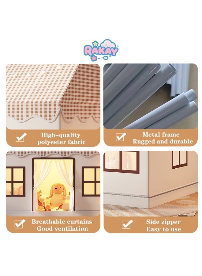 RAKAY Children's Play Tent House , 125x95x130 cm, Checkered Design, Metal Frame, Indoor Playhouse for Kids,Beige - Image 3